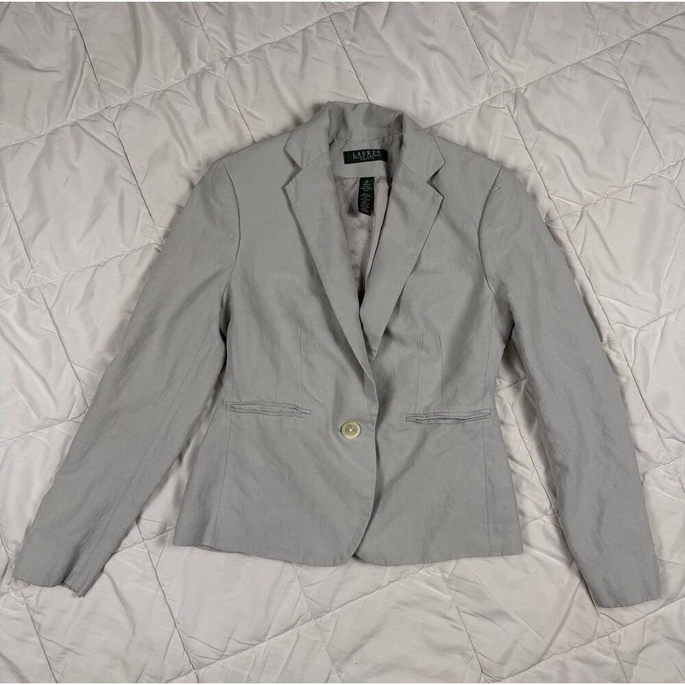 Lauren Ralph Lauren Petite Gray Silk Linen Suit Jacket 2P Single-Breasted
